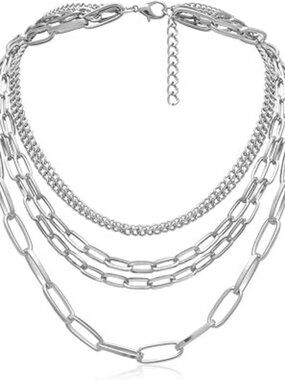 Silver Tone 5 Layered Chain Necklace Paperclip Rope Choker Statement Chunky